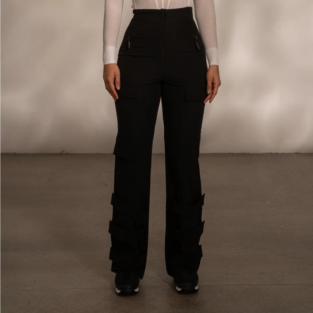 JLUXLABEL Black Wide Leg Pants with Ruffled Seams